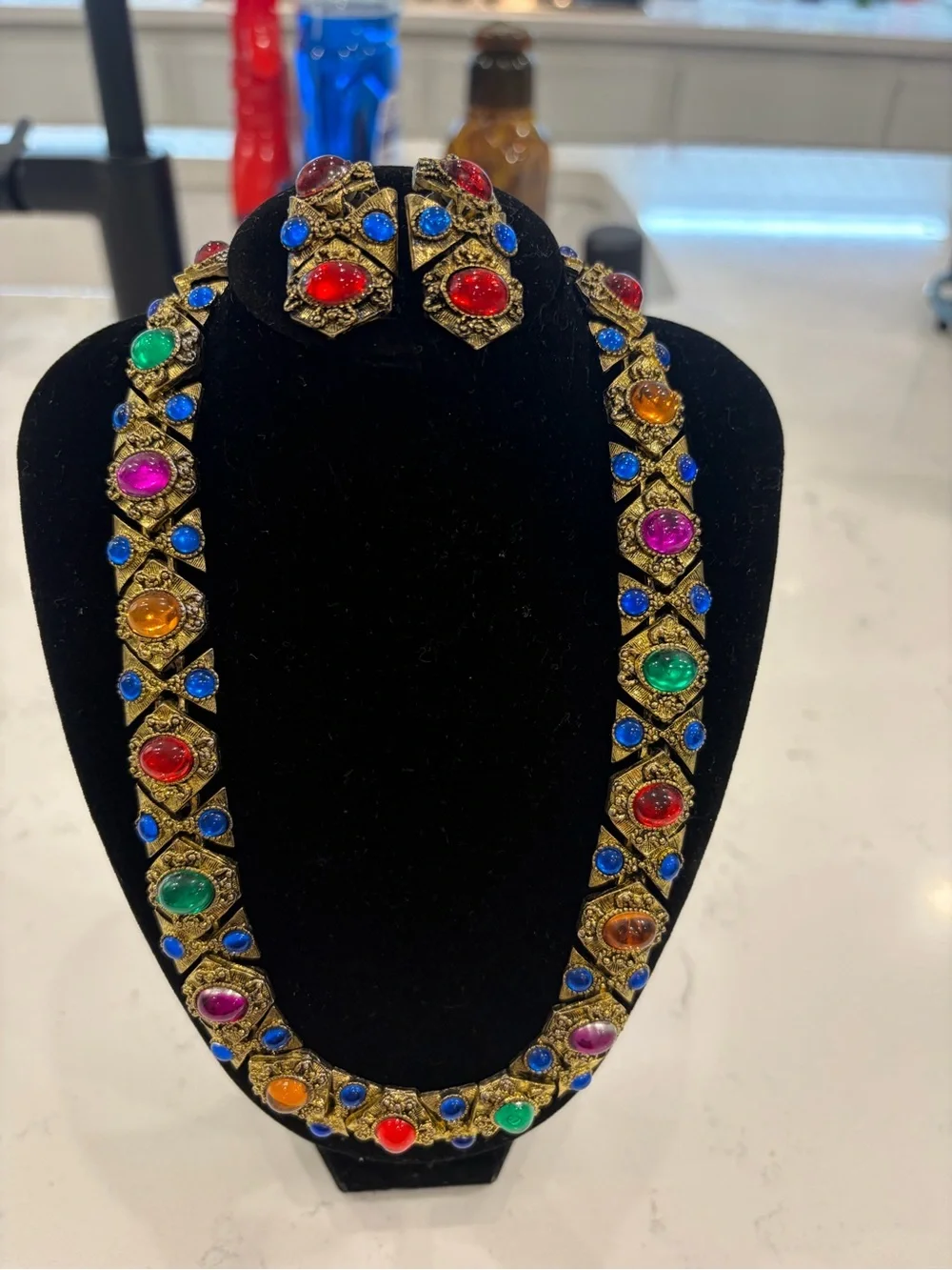 Vintage-Multicolor Stone Necklace and Earring Set - Gold Tone